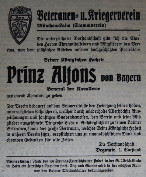 Todesanzeige des Laimer Veteranen- und Kriegervereins